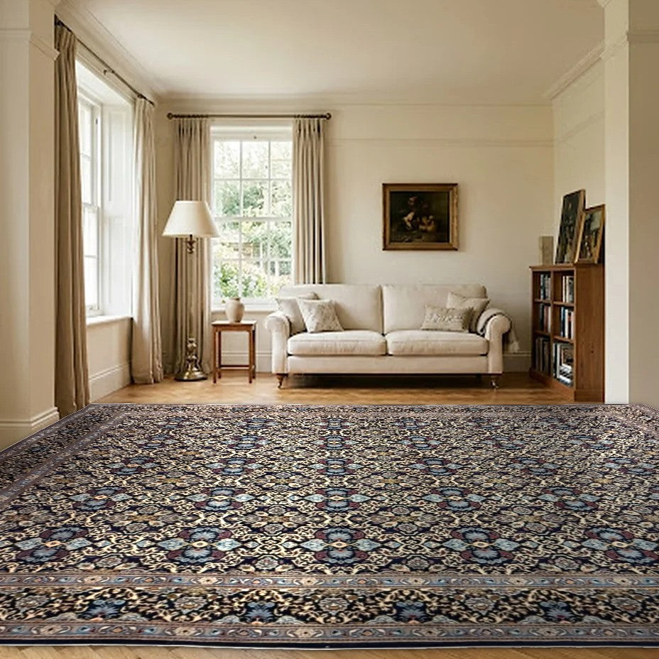 Room view: the rug on the floor of a furnished room, shown at its real size