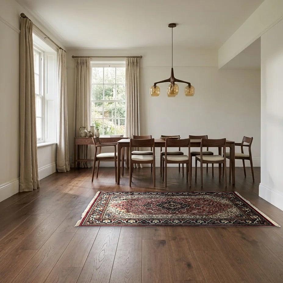Room view: the rug on the floor of a furnished room, shown at its real size