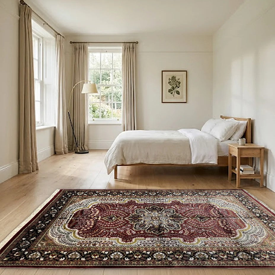 Room view: the rug on the floor of a furnished room, shown at its real size
