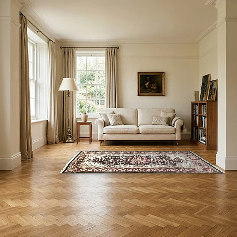 Room view: the rug on the floor of a furnished room, shown at its real size