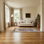 Room view: the rug on the floor of a furnished room, shown at its real size