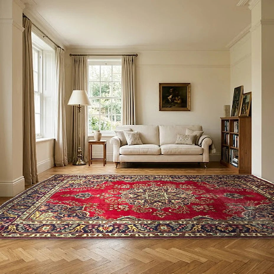 Room view: the rug on the floor of a furnished room, shown at its real size
