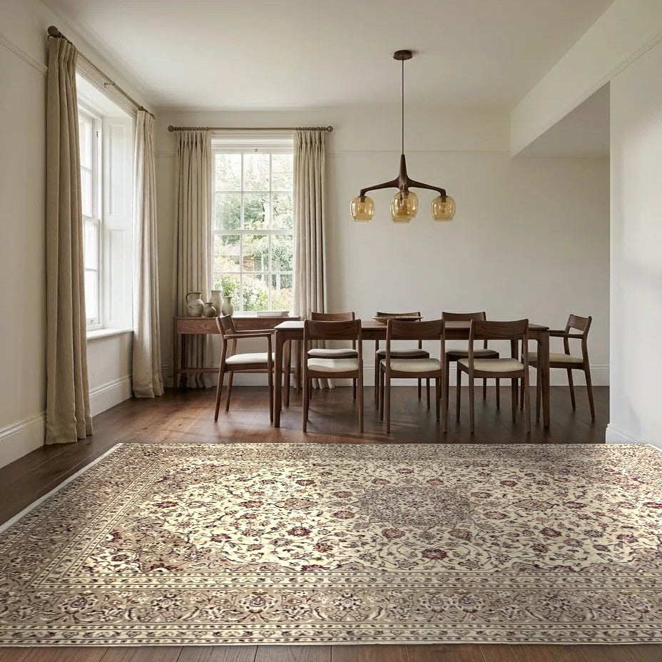 Room view: the rug on the floor of a furnished room, shown at its real size