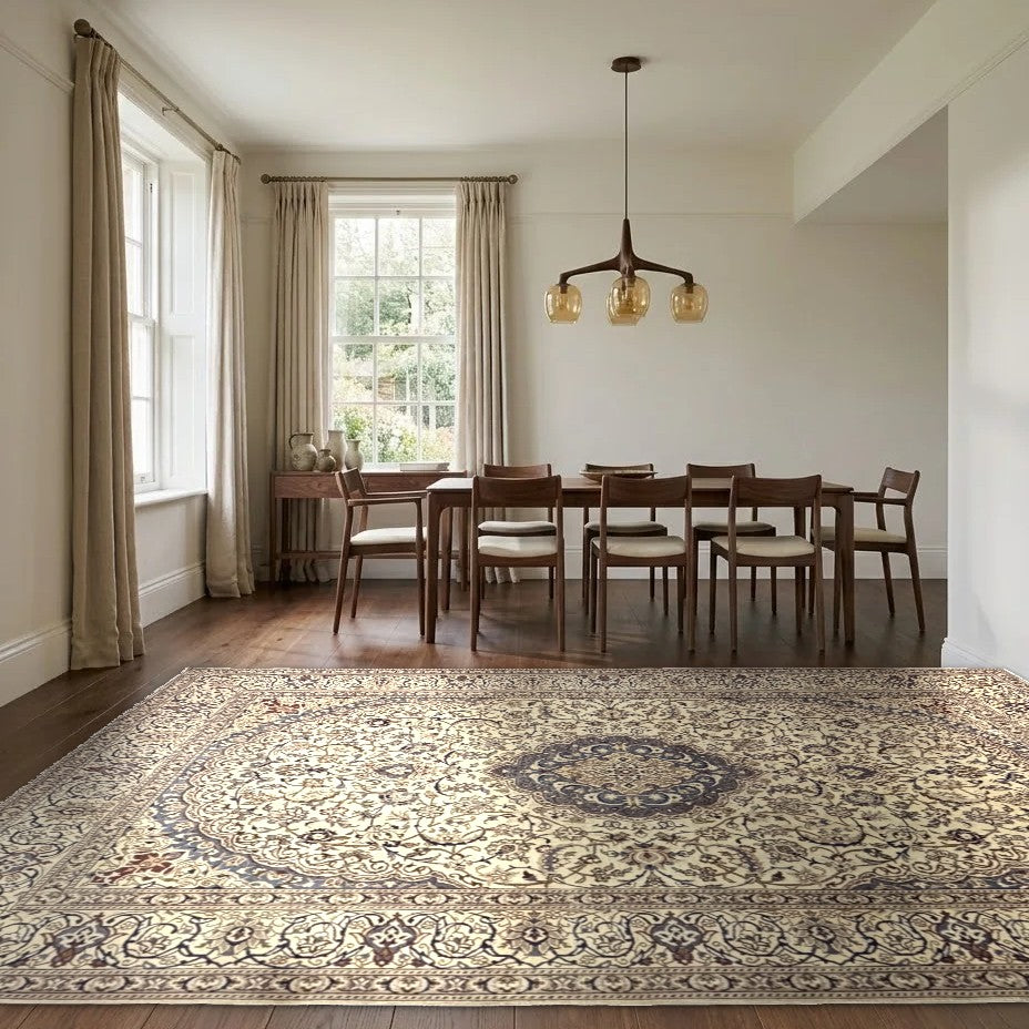 Room view: the rug on the floor of a furnished room, shown at its real size