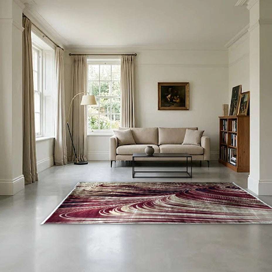 Room view: the rug on the floor of a furnished room, shown at its real size