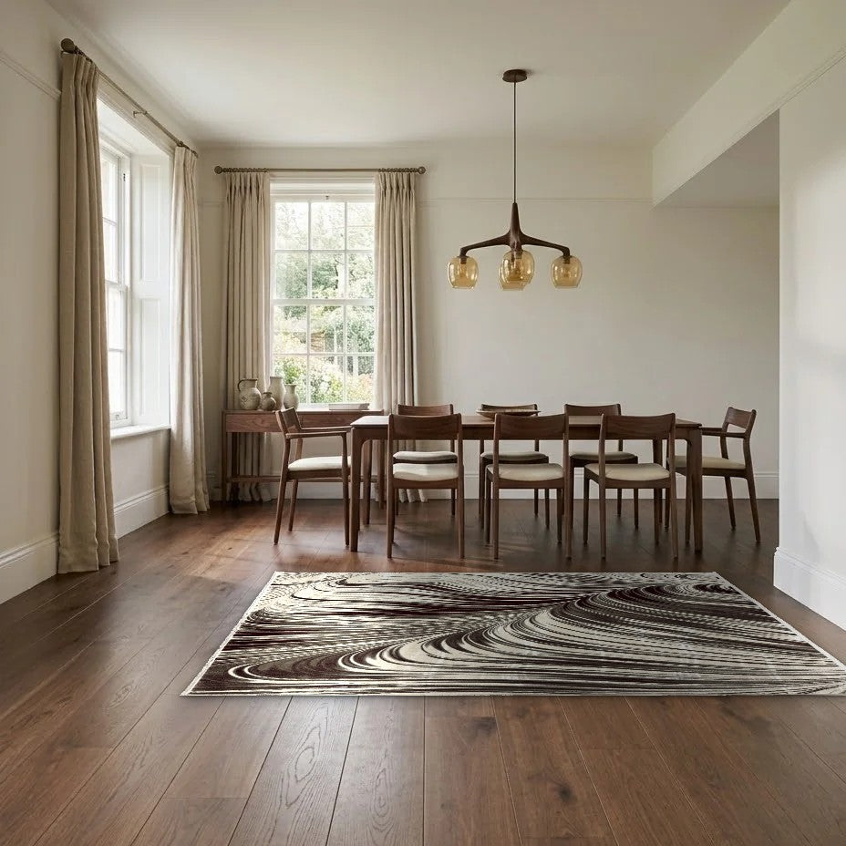 Room view: the rug on the floor of a furnished room, shown at its real size