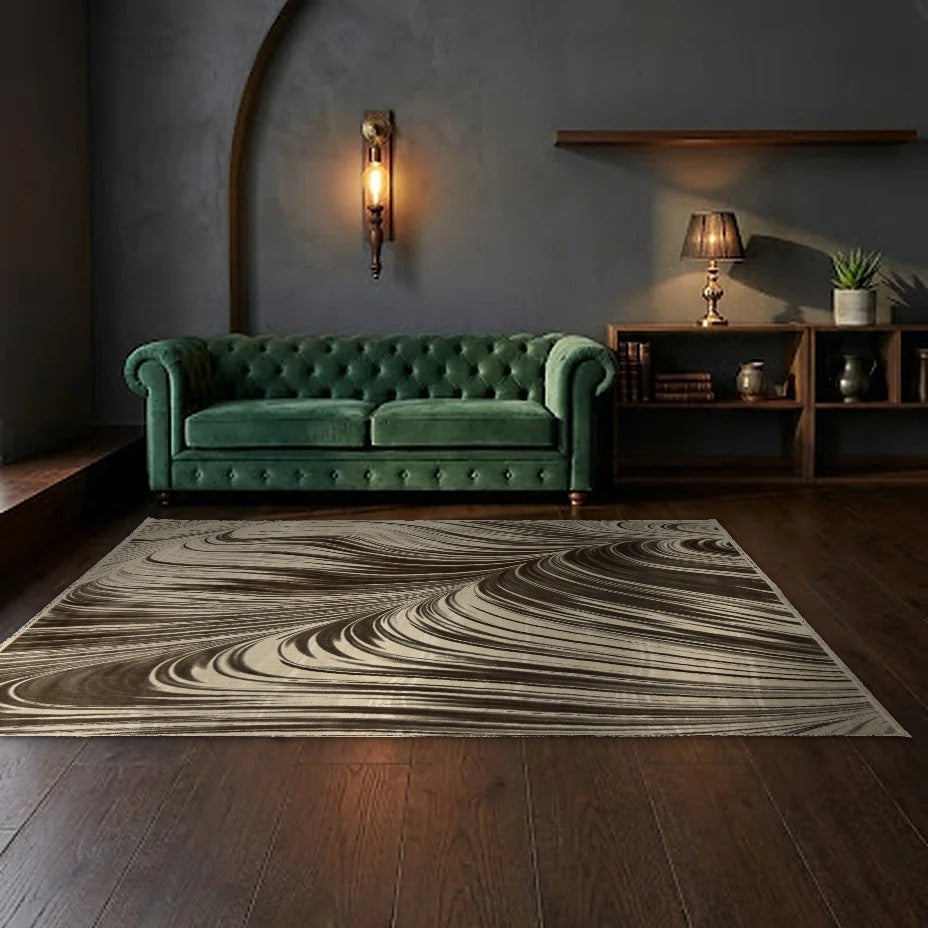 Room view: the rug on the floor of a furnished room, shown at its real size