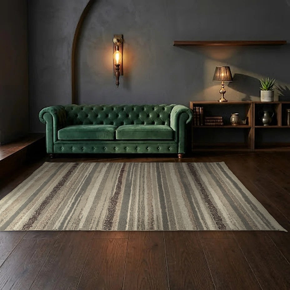 Room view: the rug on the floor of a furnished room, shown at its real size