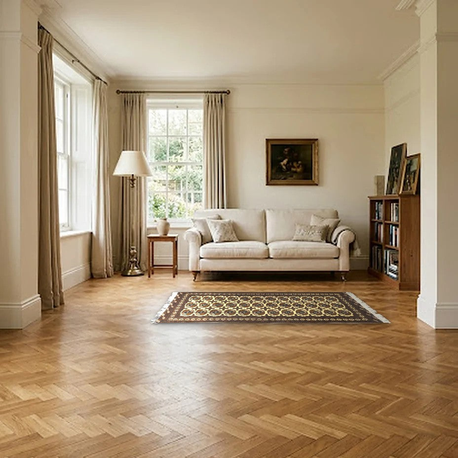 Room view: the rug on the floor of a furnished room, shown at its real size