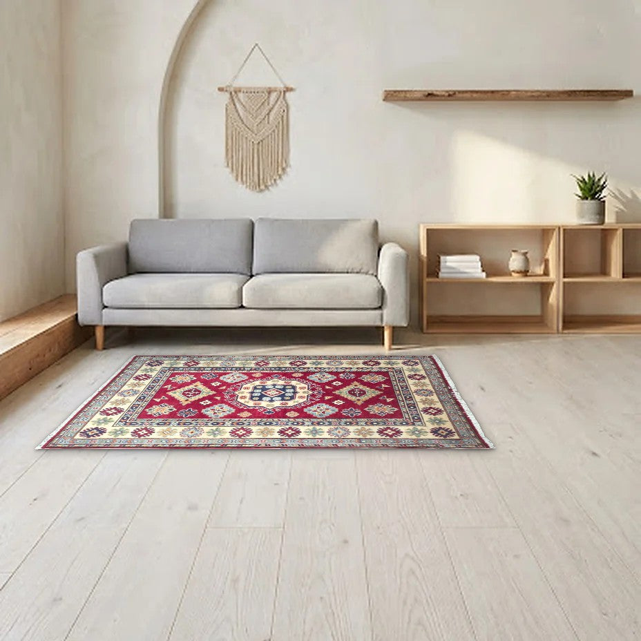 Room view: the rug on the floor of a furnished room, shown at its real size