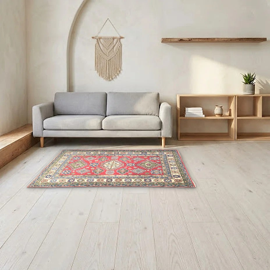 Room view: the rug on the floor of a furnished room, shown at its real size