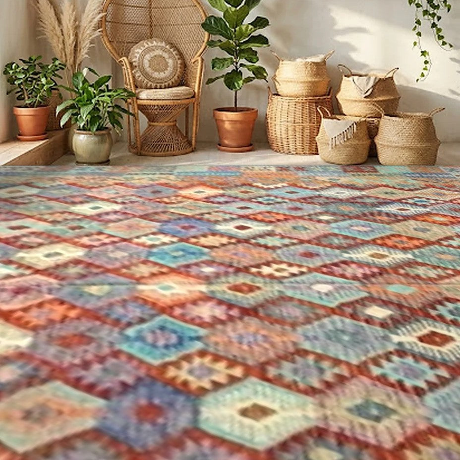 Room view: the rug on the floor of a furnished room, shown at its real size