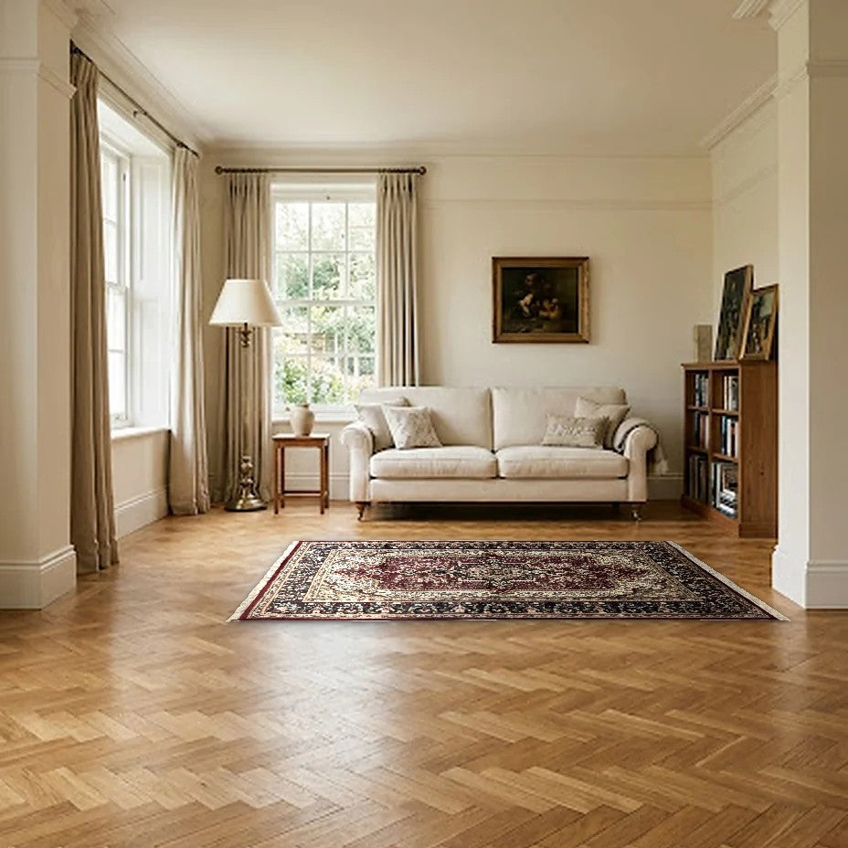 Room view: the rug on the floor of a furnished room, shown at its real size