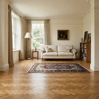Room view: the rug on the floor of a furnished room, shown at its real size