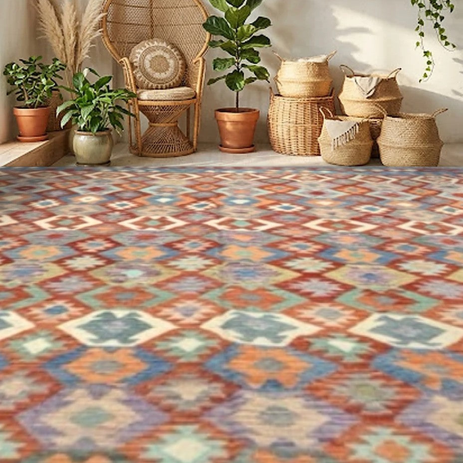 Room view: the rug on the floor of a furnished room, shown at its real size