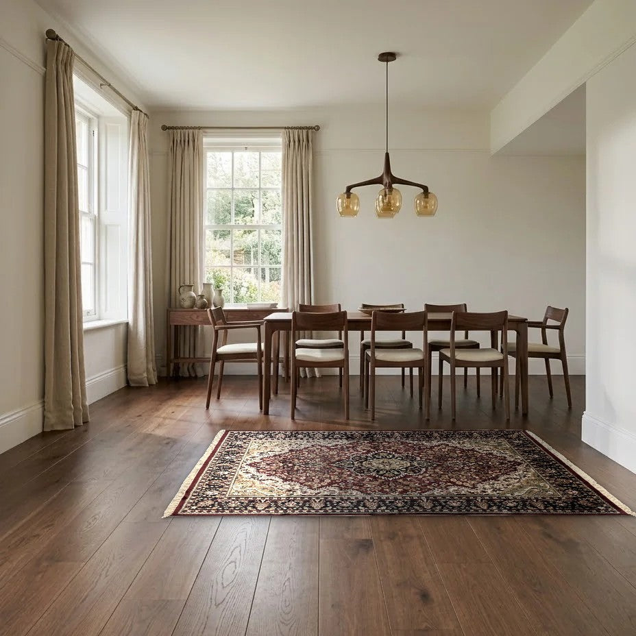 Room view: the rug on the floor of a furnished room, shown at its real size