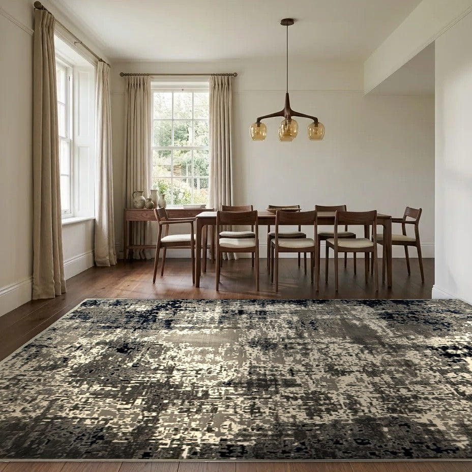 Room view: the rug on the floor of a furnished room, shown at its real size
