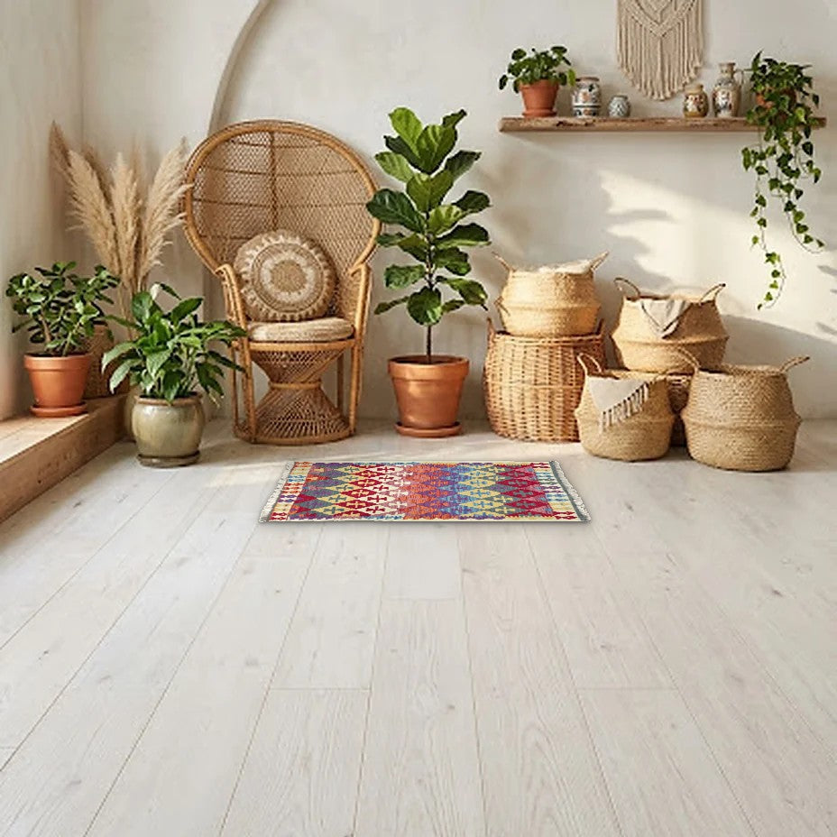 Room view: the rug on the floor of a furnished room, shown at its real size