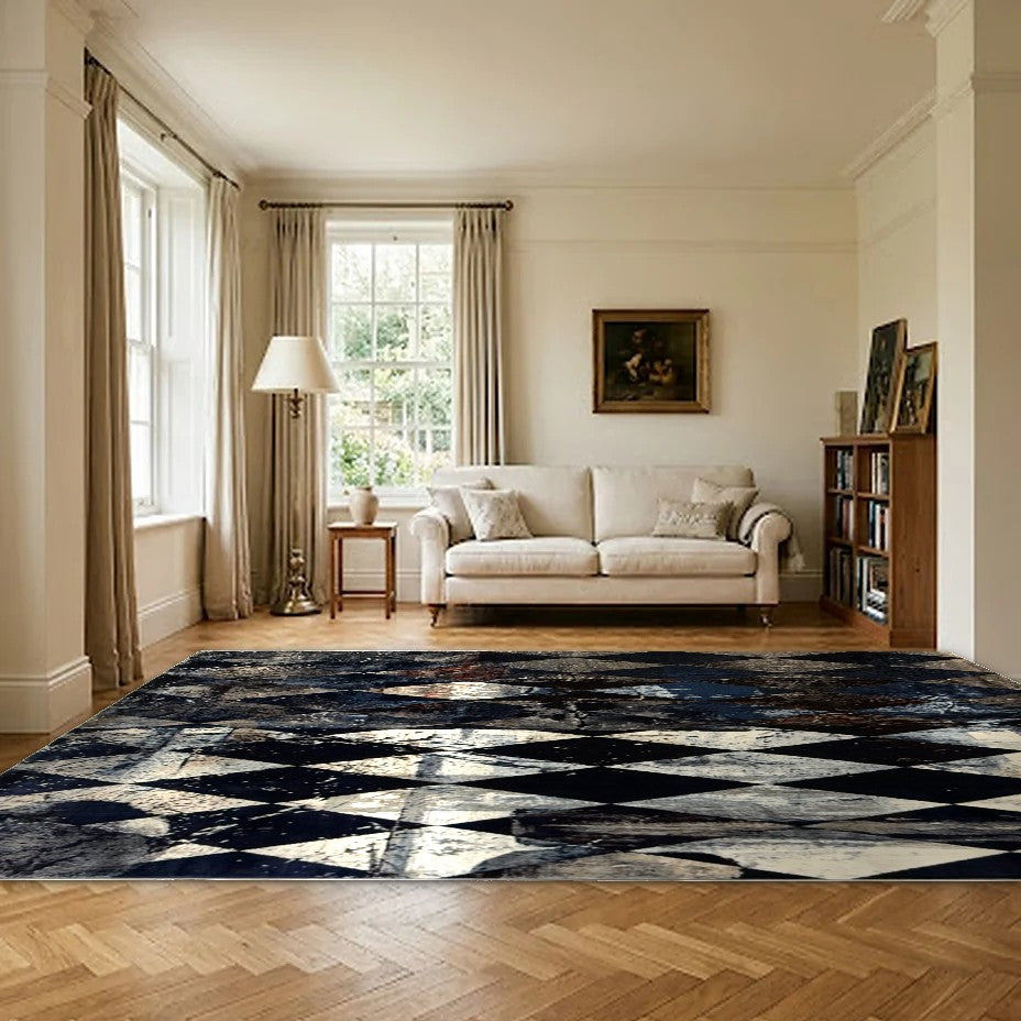 Room view: the rug on the floor of a furnished room, shown at its real size