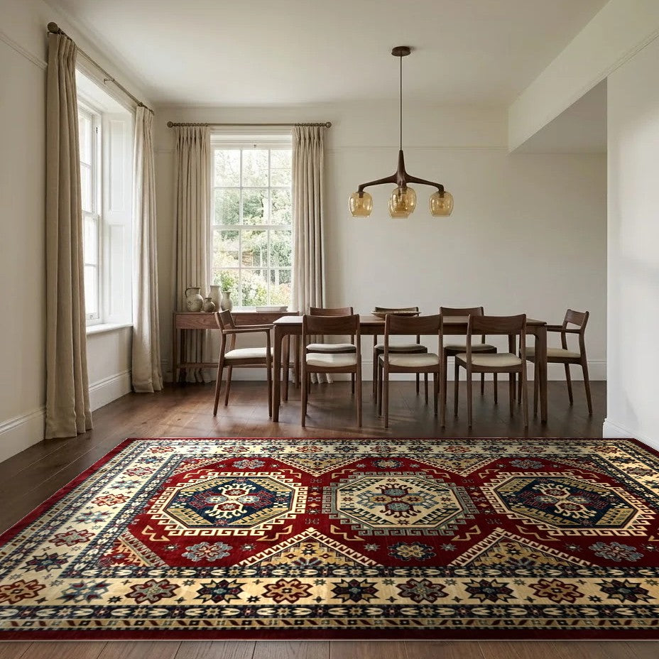 Room view: the rug on the floor of a furnished room, shown at its real size