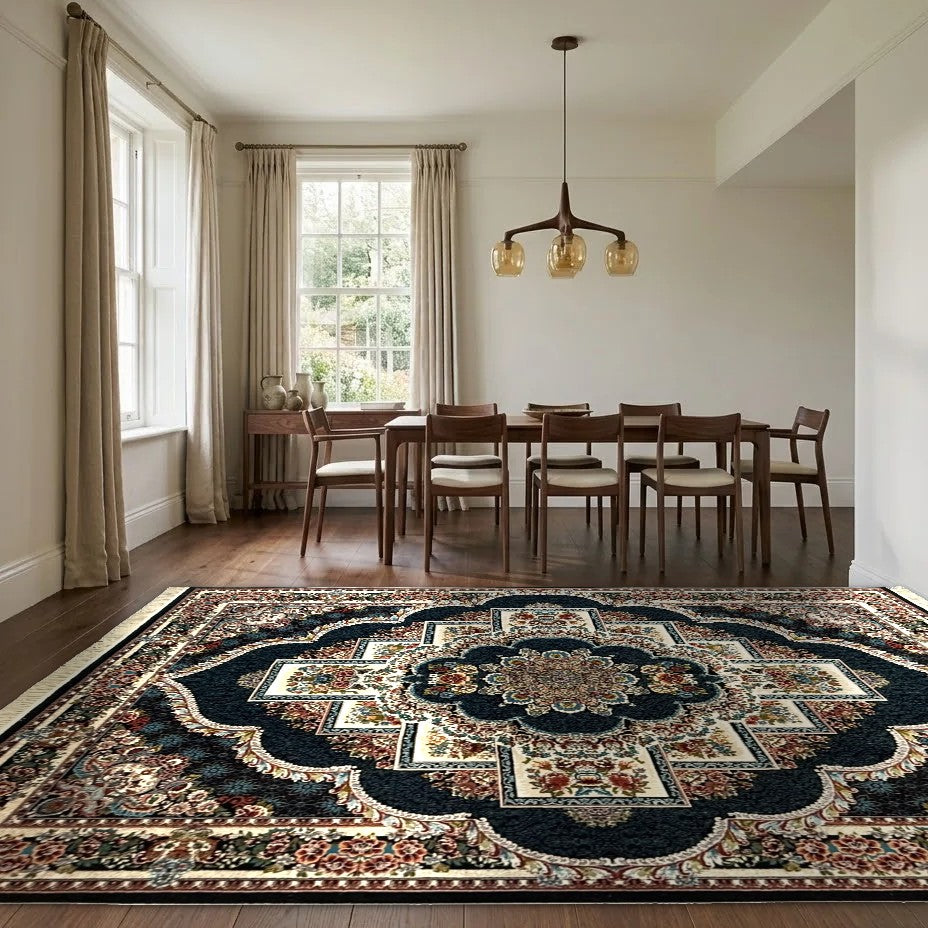 Room view: the rug on the floor of a furnished room, shown at its real size