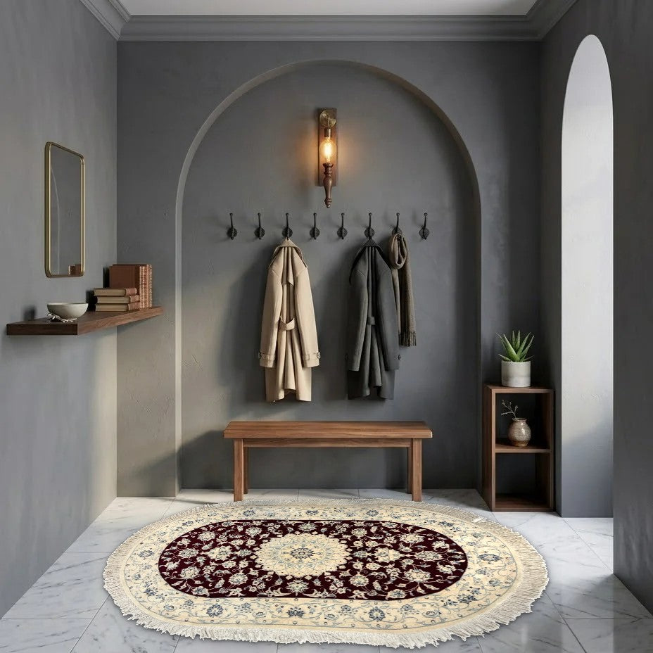 Room view: the rug on the floor of a furnished room, shown at its real size