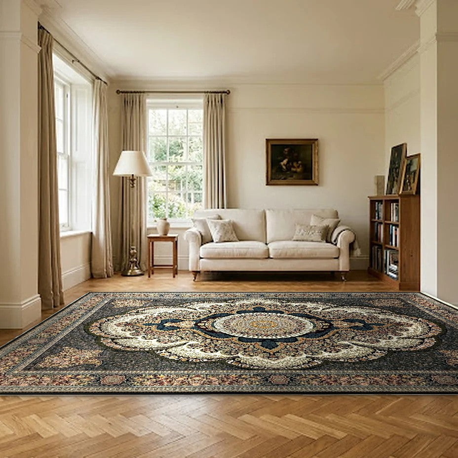 Room view: the rug on the floor of a furnished room, shown at its real size