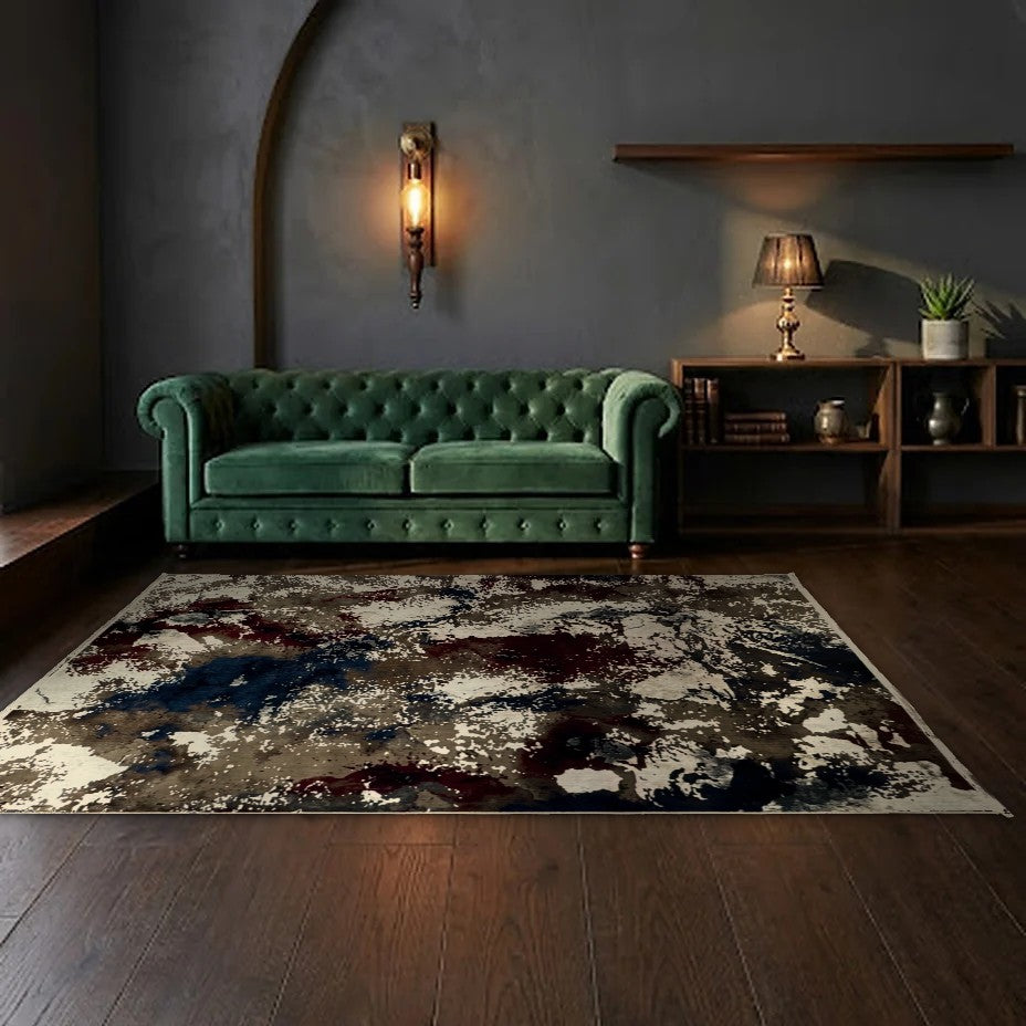 Room view: the rug on the floor of a furnished room, shown at its real size