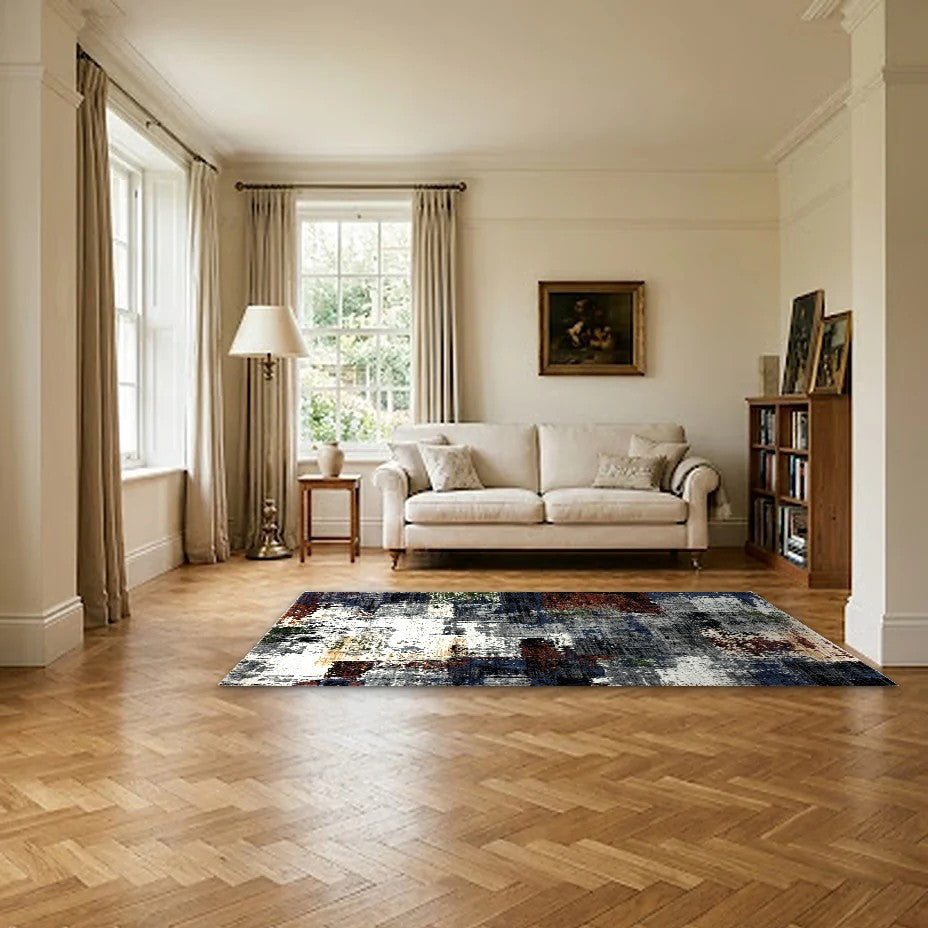 Room view: the rug on the floor of a furnished room, shown at its real size