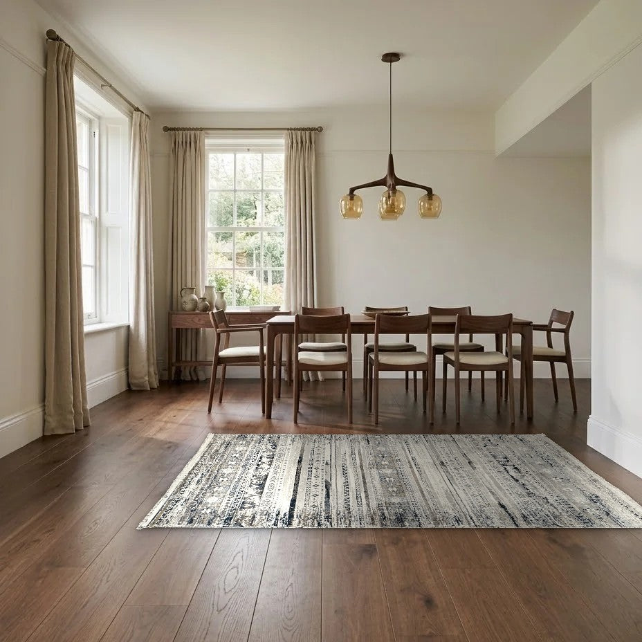 Room view: the rug on the floor of a furnished room, shown at its real size