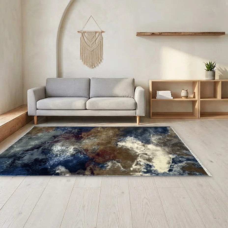 Room view: the rug on the floor of a furnished room, shown at its real size