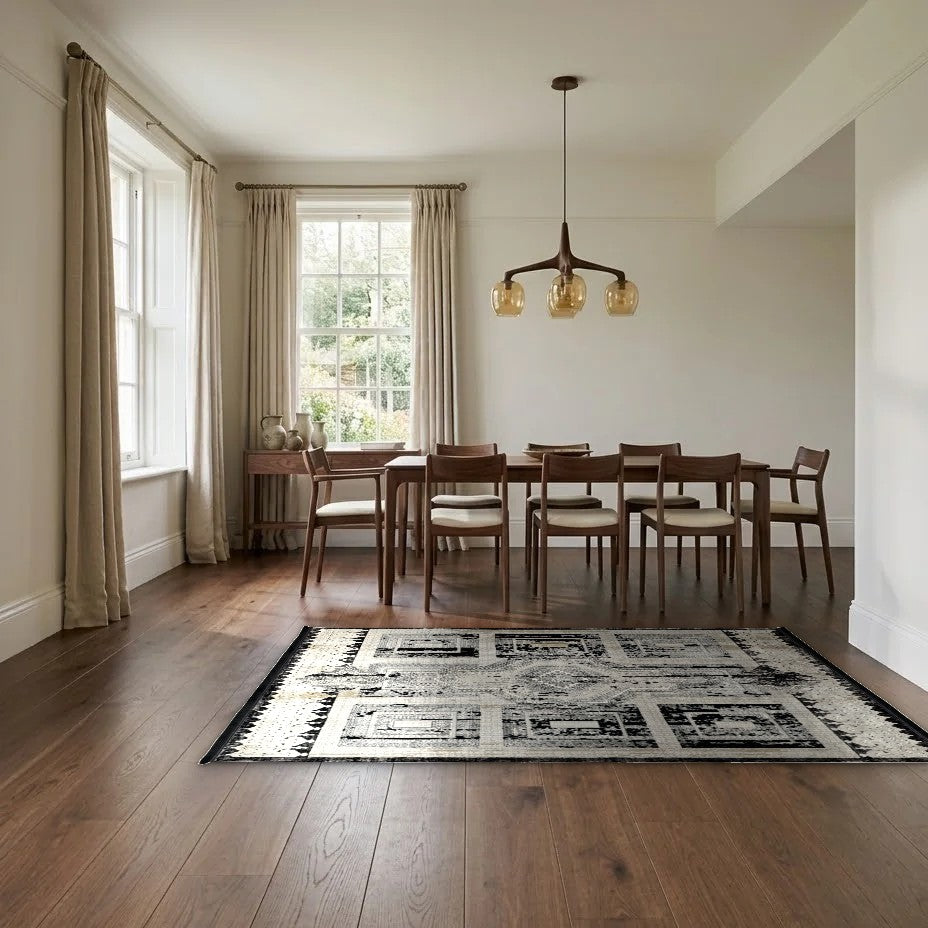 Room view: the rug on the floor of a furnished room, shown at its real size
