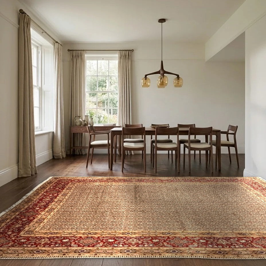 Room view: the rug on the floor of a furnished room, shown at its real size