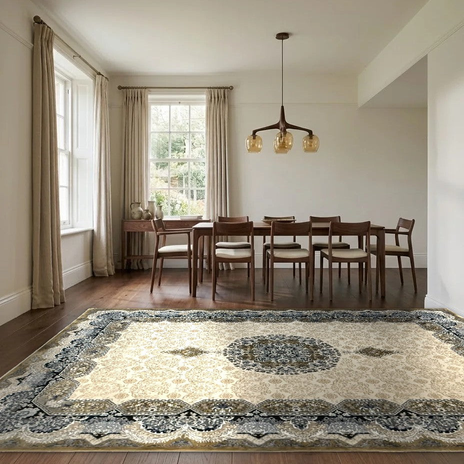 Room view: the rug on the floor of a furnished room, shown at its real size
