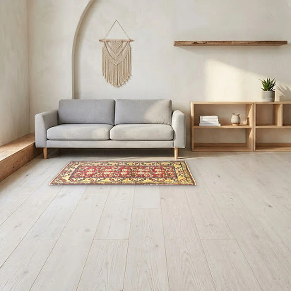 Room view: the rug on the floor of a furnished room, shown at its real size