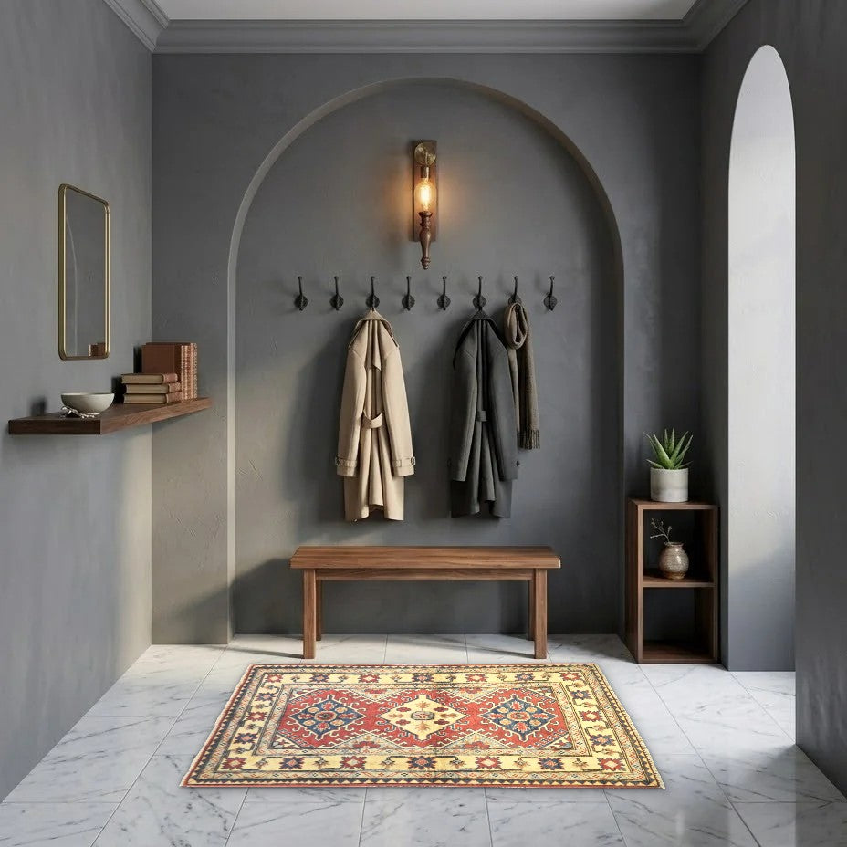 Room view: the rug on the floor of a furnished room, shown at its real size