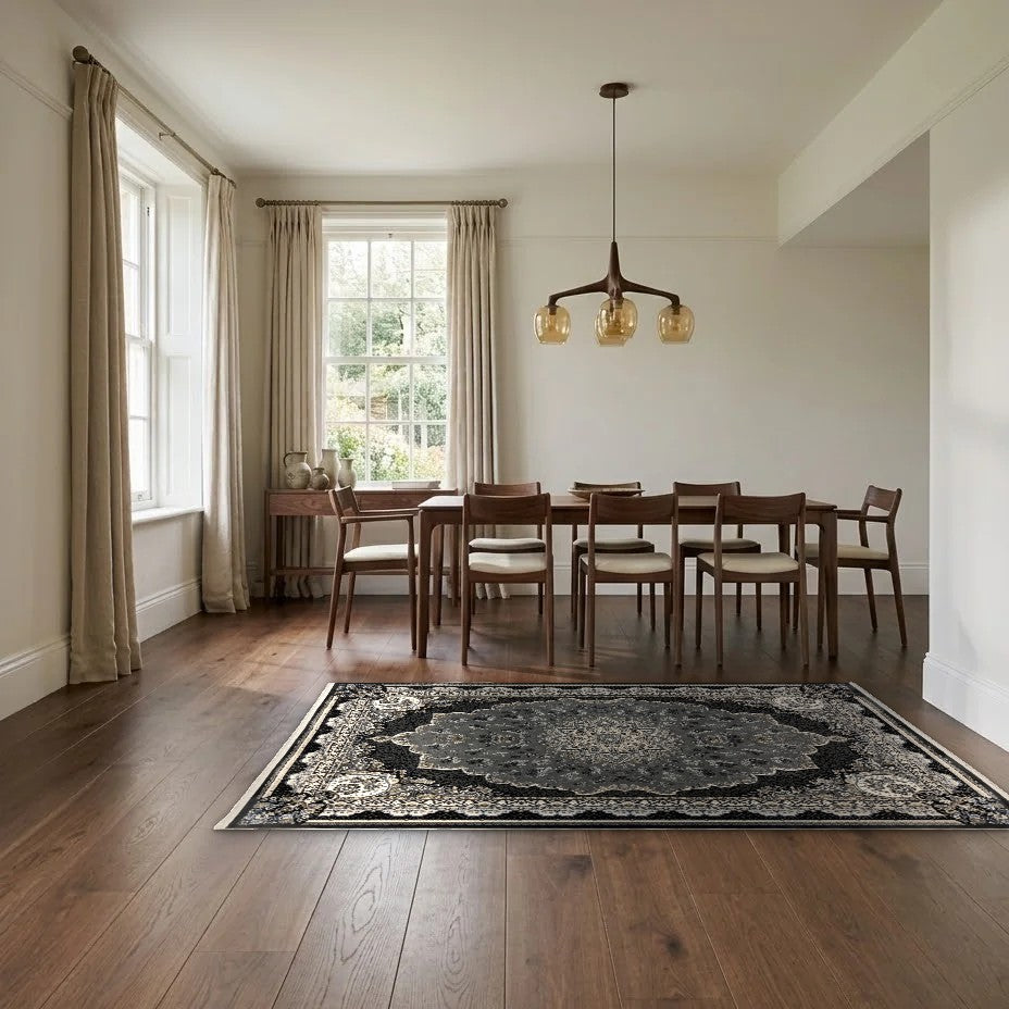 Room view: the rug on the floor of a furnished room, shown at its real size