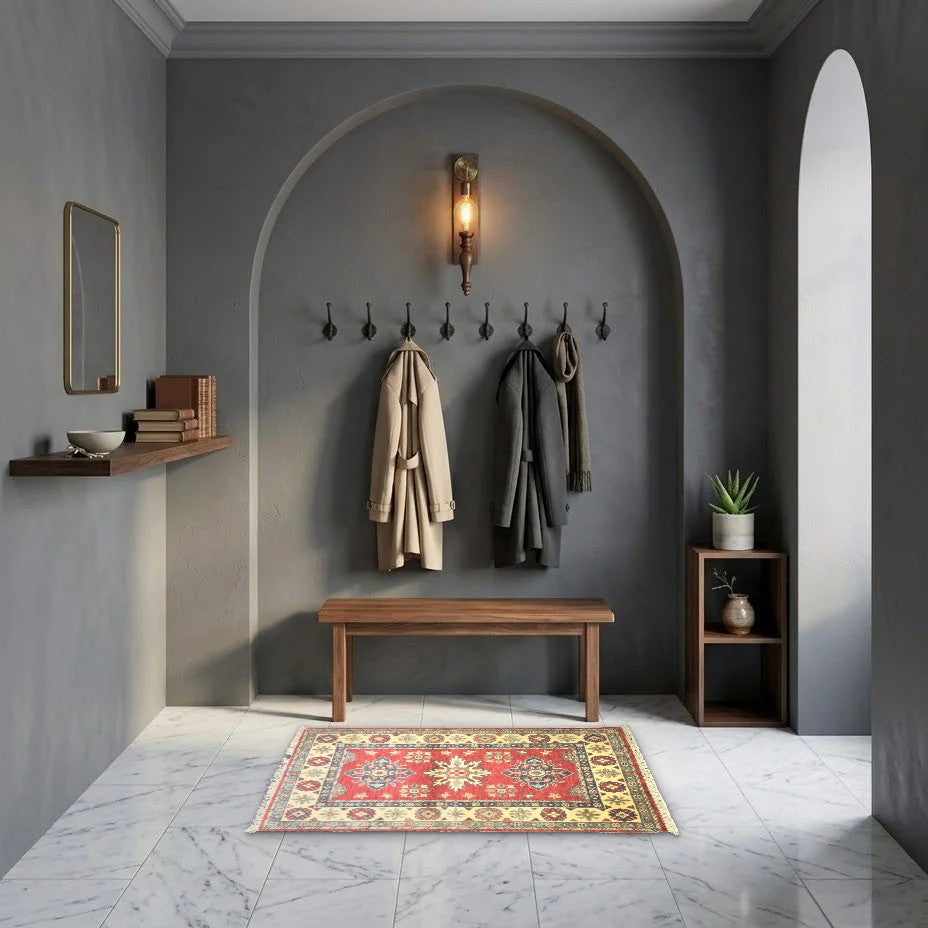 Room view: the rug on the floor of a furnished room, shown at its real size