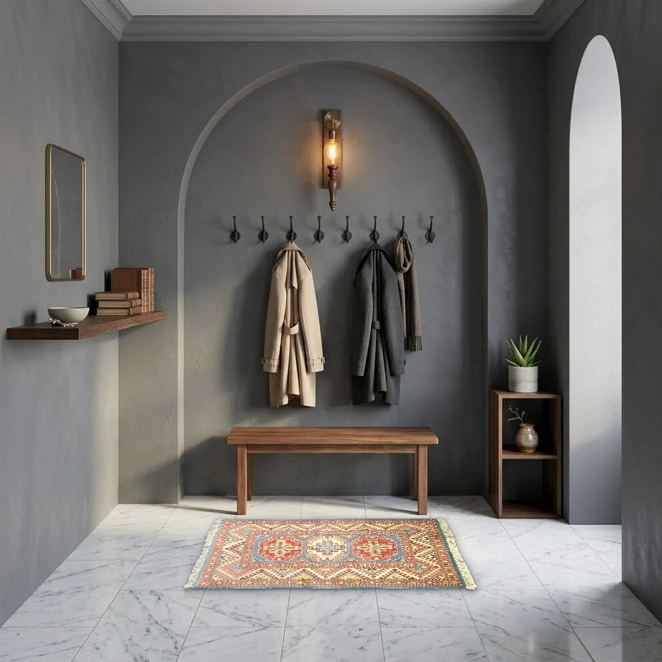 Room view: the rug on the floor of a furnished room, shown at its real size
