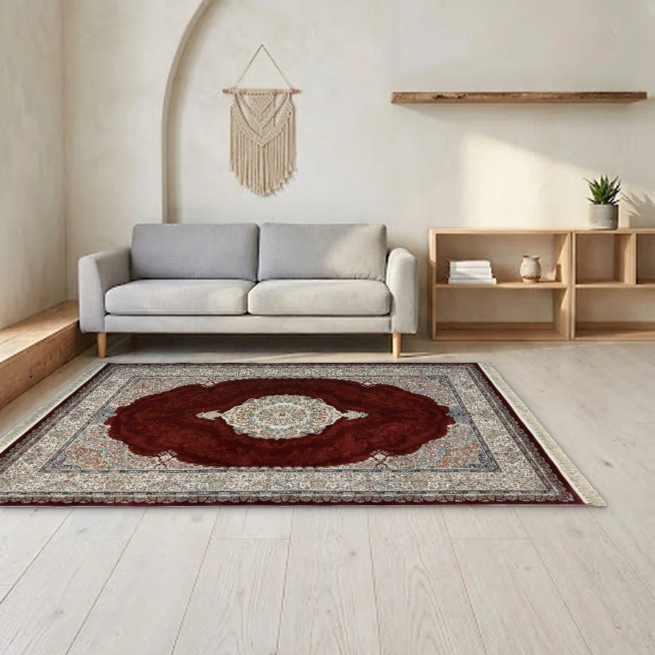 Room view: the rug on the floor of a furnished room, shown at its real size