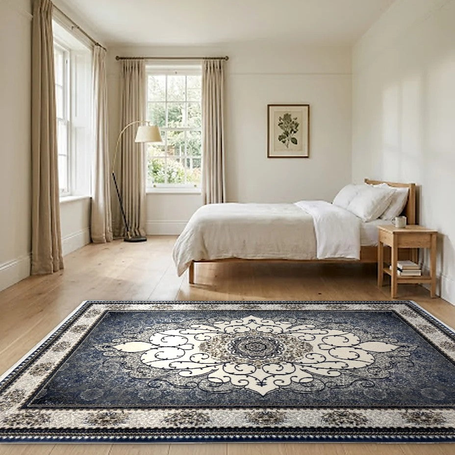 Room view: the rug on the floor of a furnished room, shown at its real size