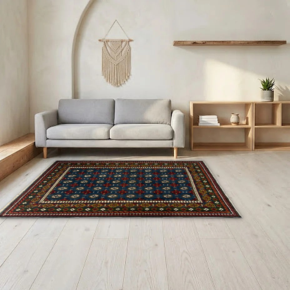 Room view: the rug on the floor of a furnished room, shown at its real size