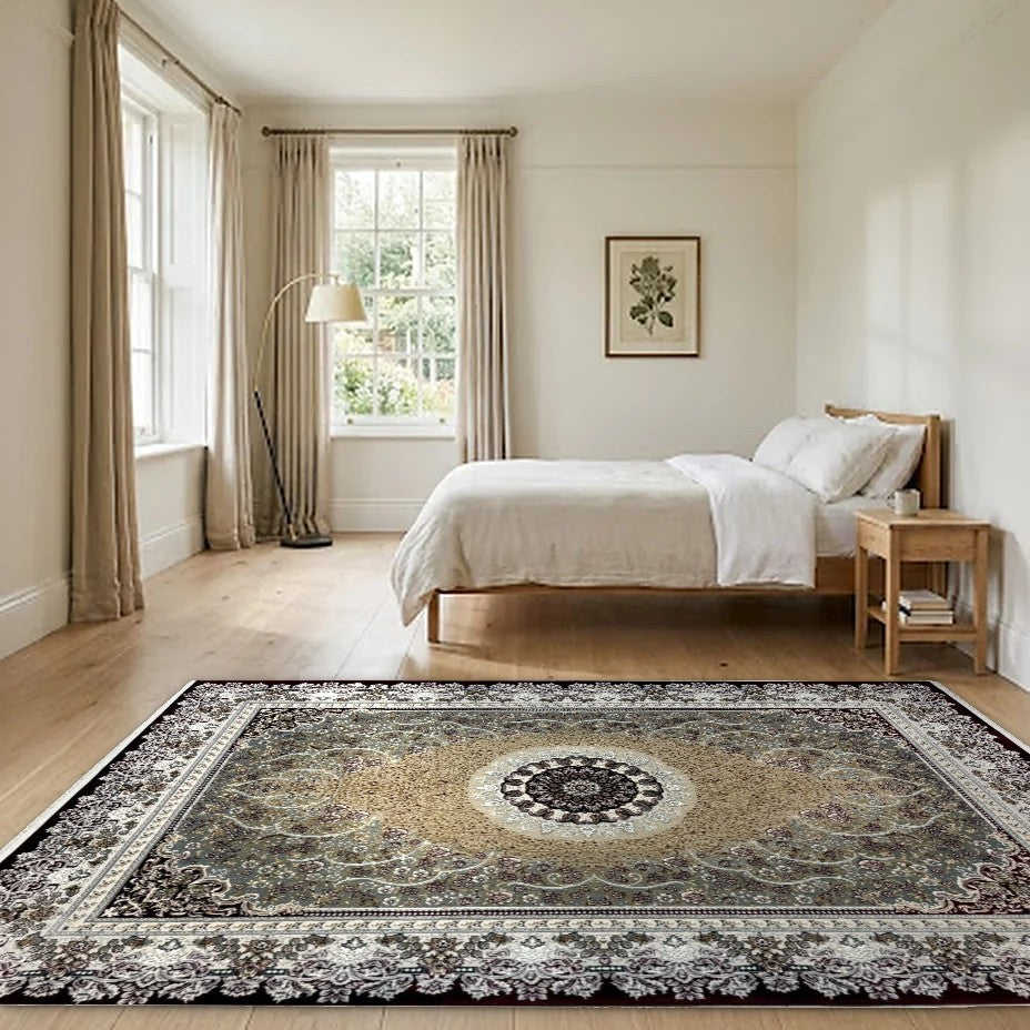 Room view: the rug on the floor of a furnished room, shown at its real size