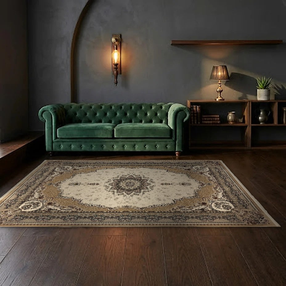 Room view: the rug on the floor of a furnished room, shown at its real size