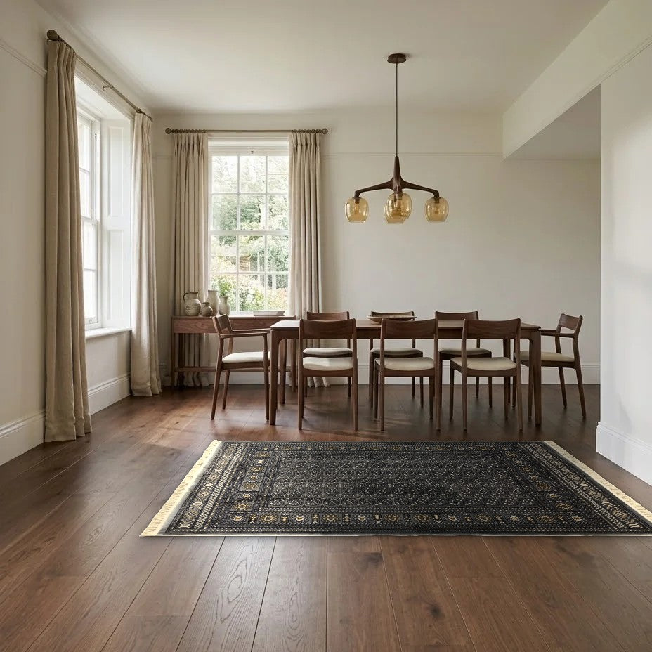 Room view: the rug on the floor of a furnished room, shown at its real size