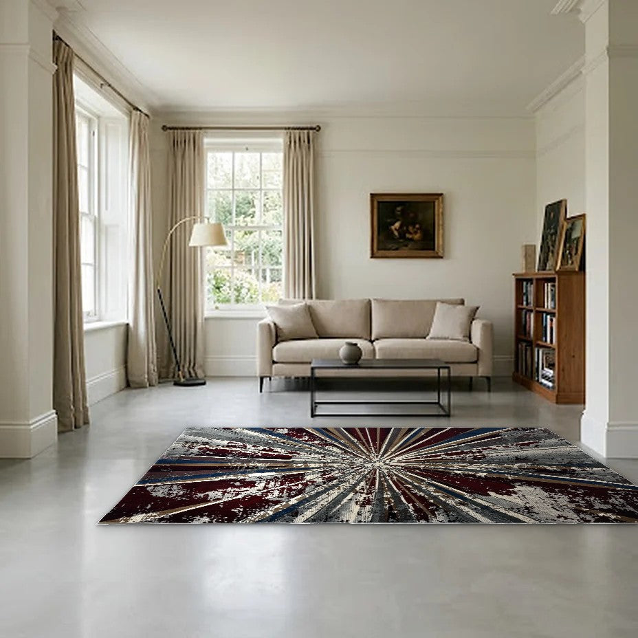 Room view: the rug on the floor of a furnished room, shown at its real size