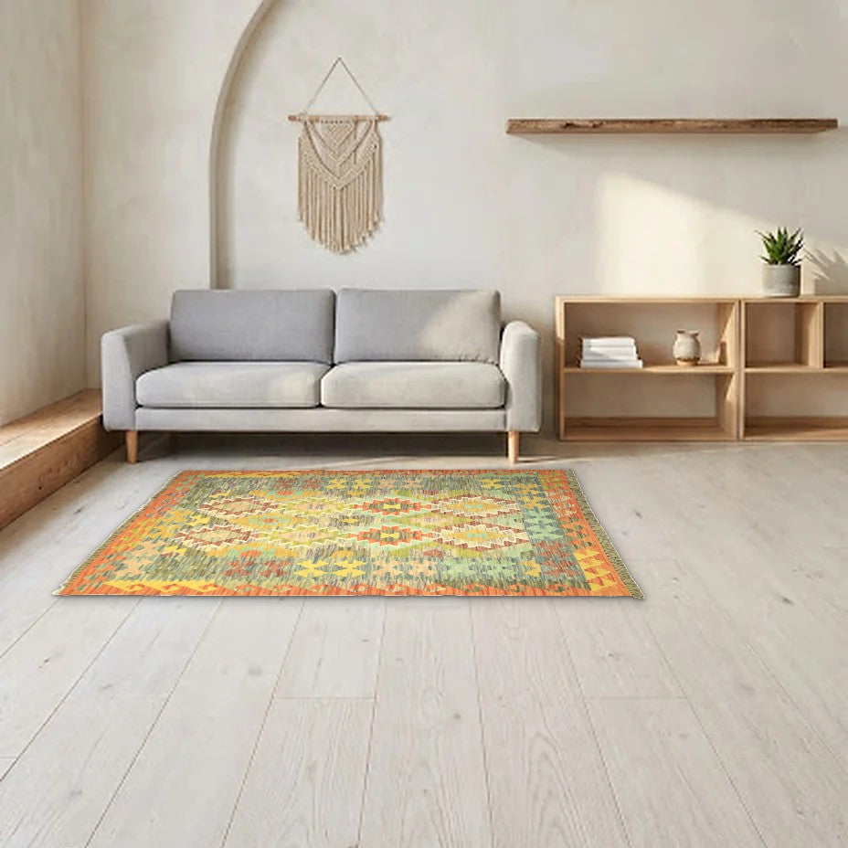 Room view: the rug on the floor of a furnished room, shown at its real size