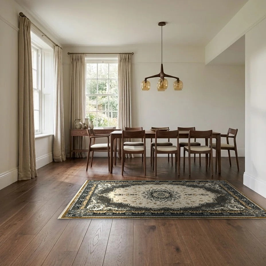 Room view: the rug on the floor of a furnished room, shown at its real size