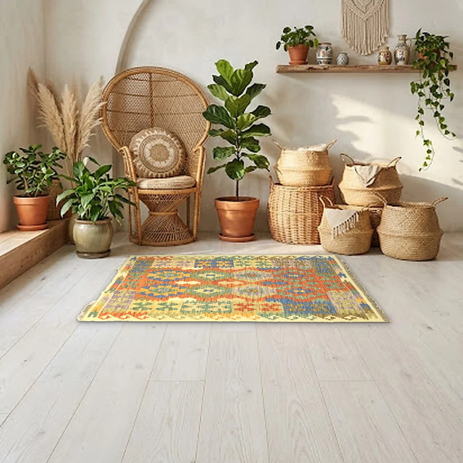 Room view: the rug on the floor of a furnished room, shown at its real size