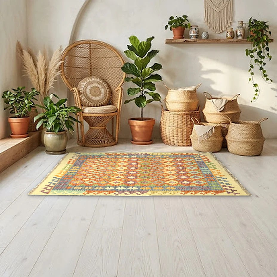 Room view: the rug on the floor of a furnished room, shown at its real size